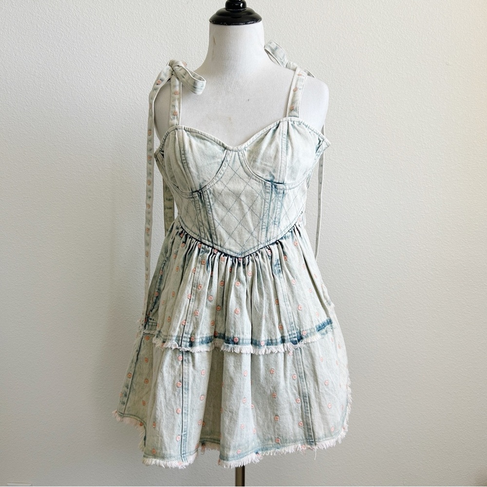 LoveShackFancy denim polka dot tiered Mini Dress